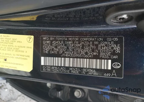 2005 Lexus Es 330 z USA, uszkodzony, nr VIN JTHBA30G955106041